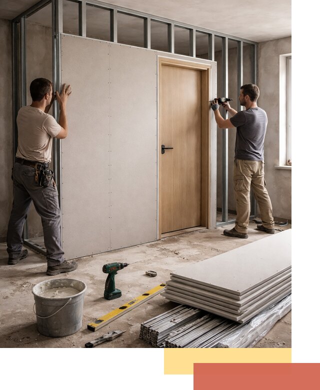 Перегородка из гипсокартона с дверью под ключ в Симферополе