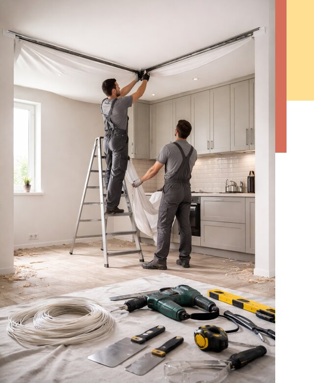 Установка натяжного потолка на кухне в Симферополе от 2493 руб. | ОТДЕЛОЧНИК-Сим