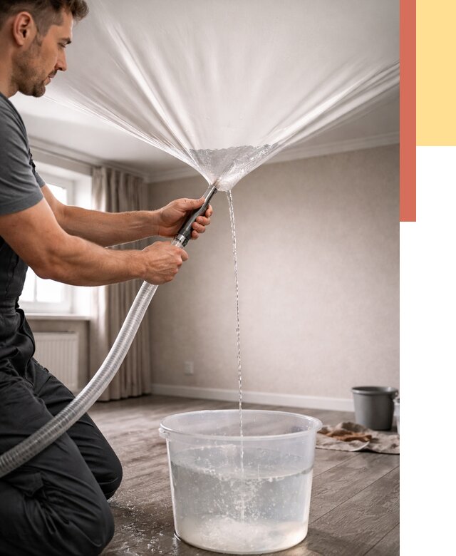 Слив воды с натяжного потолка в Симферополе от 2597 руб. быстро и недорого | ОТДЕЛОЧНИК-Сим