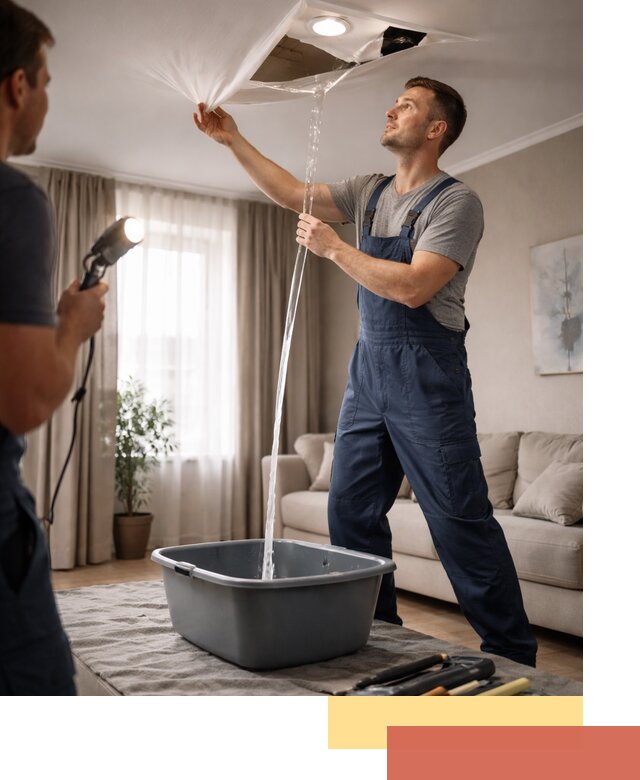 Слив воды с натяжного потолка в Симферополе быстро и аккуратно